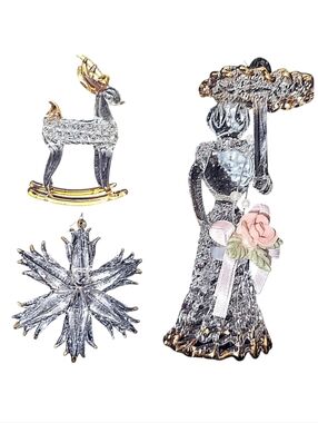 Vintage Spun Glass Clear & Gold Christmas Ornaments Crysyal Reindeer Snowflake